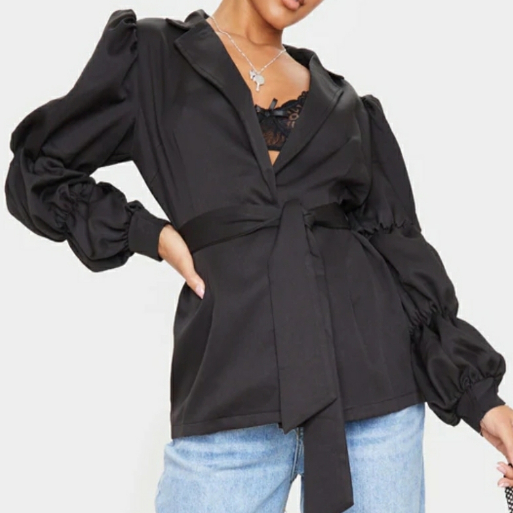 PLT Black Woven Tie Side Bubble Sleeve Blazer